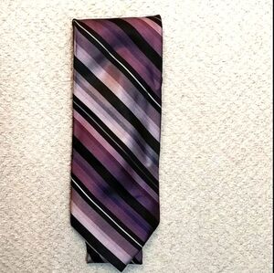 Perry Ellis Striped Skinny 100% Silk Tie Metallic Black Lilac Pastel Deep Purple